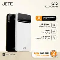 【Tersertifikasi CCC】Powerbank JETE C12 Power Bank 10000mAh 22.5W Fast Charging Triple Port USA A USB Cable Type C Pawer Bank Handphone For iPhone Android - Black